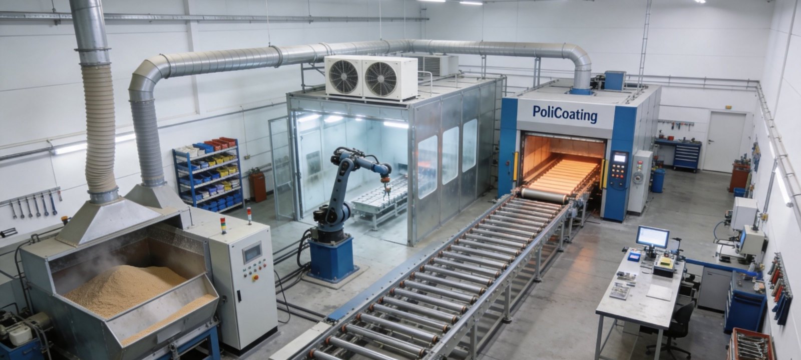 Linha de pintura a pó com cabine robotizada e estufa Policoating